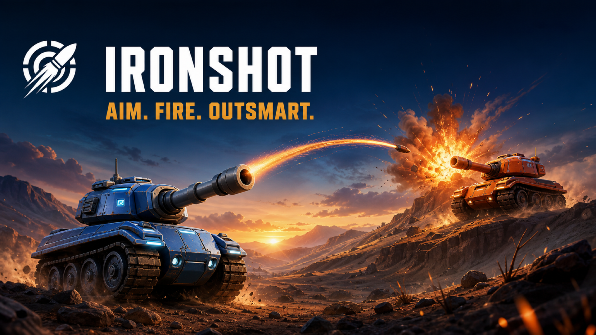 IronShot tanks exchanging fire in a sunset canyon