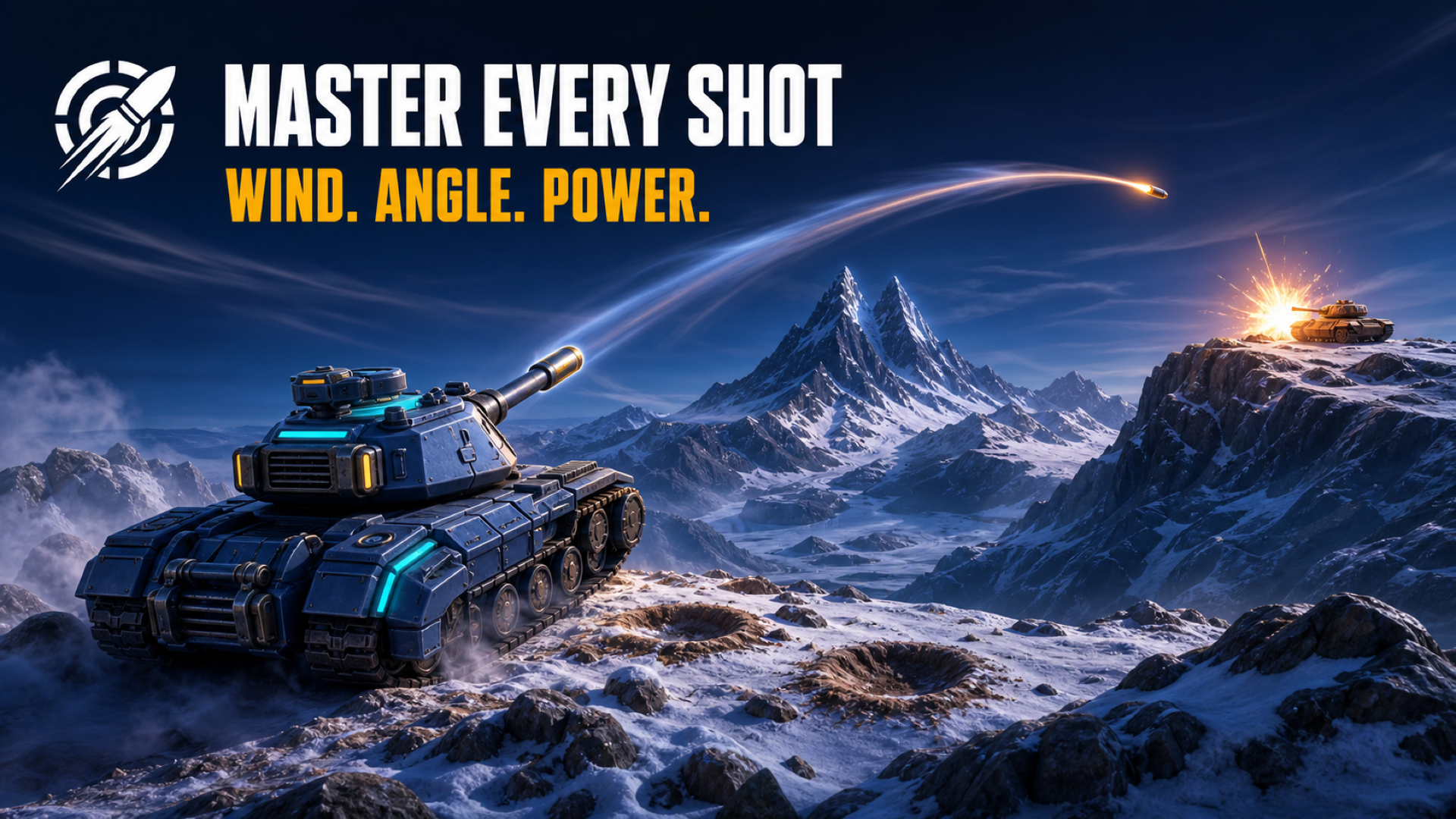 A tank calculates a long artillery arc across snowy mountains