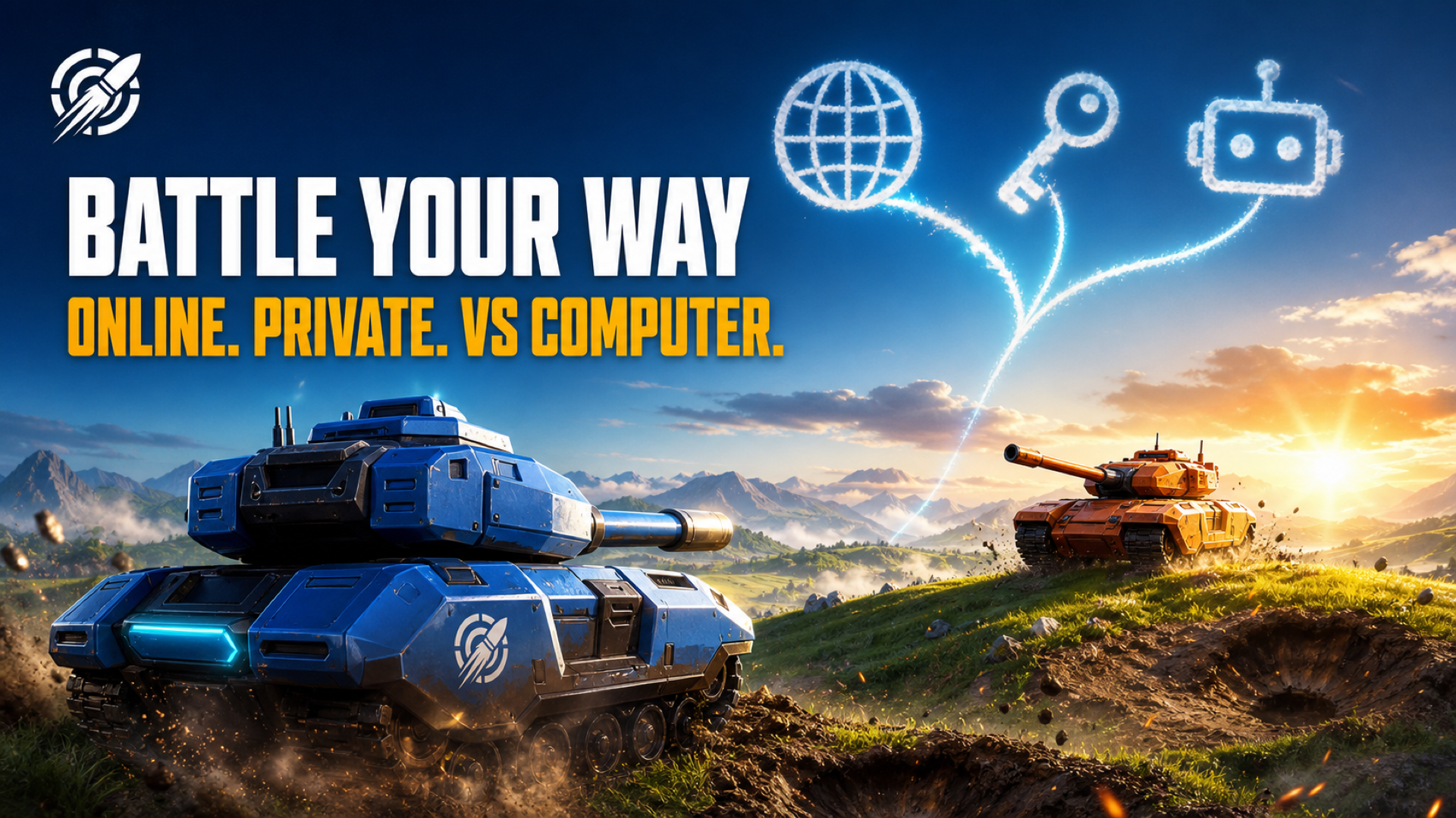 Two tanks representing online, private, and computer battle modes