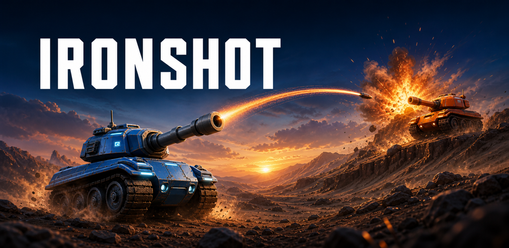 Blue and orange tanks trading artillery fire across a rocky valley
